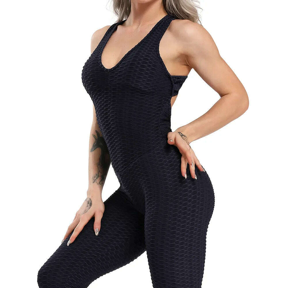 KIMLUD, Women Halter Yoga Set Black Activewear Sexy Bandage Sleeveless Jumpsuit Skinny Rompers Solid Elastic Bodycon Fitness Sport Suits, Navy blue / S, KIMLUD APPAREL - Womens Clothes