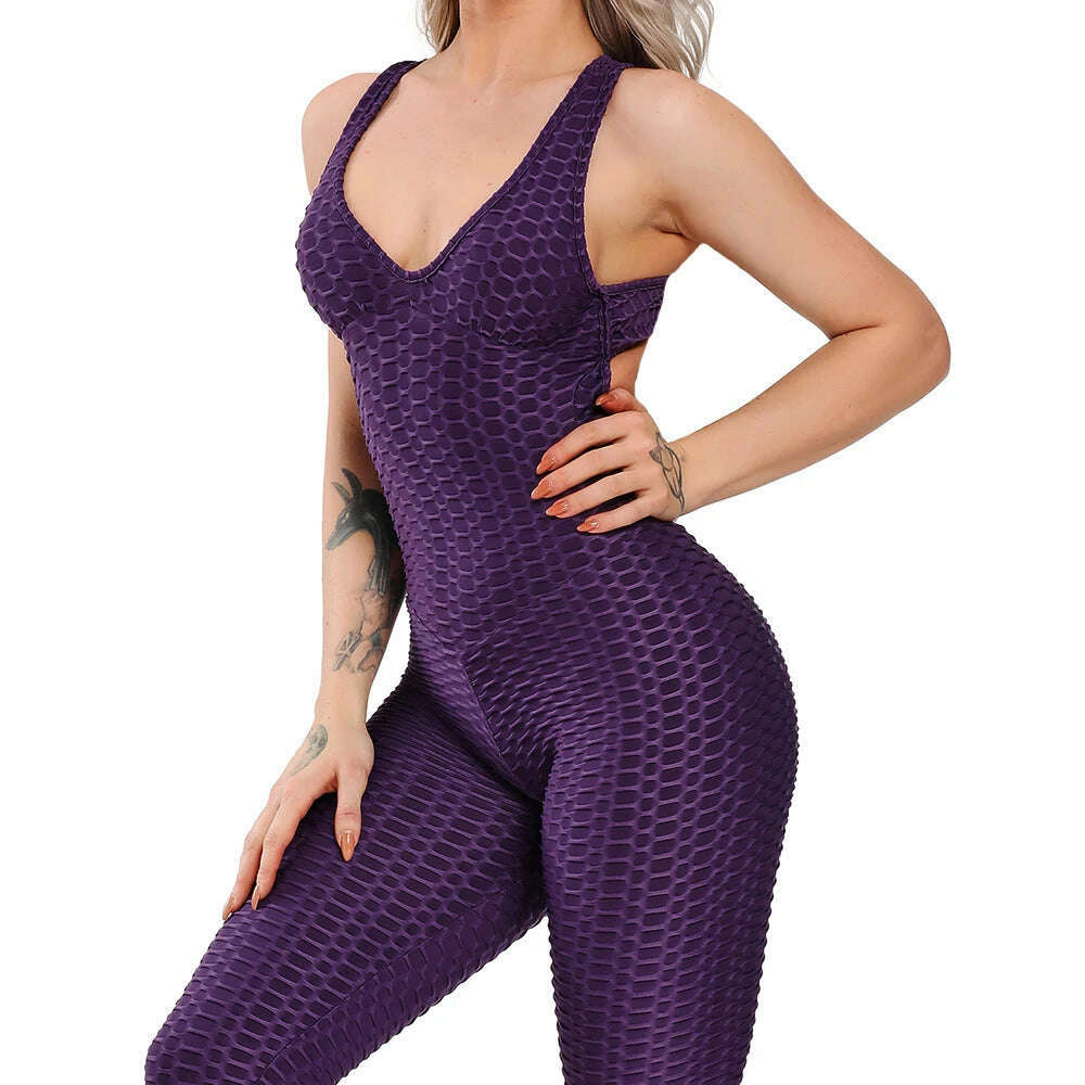 KIMLUD, Women Halter Yoga Set Black Activewear Sexy Bandage Sleeveless Jumpsuit Skinny Rompers Solid Elastic Bodycon Fitness Sport Suits, Purple / S, KIMLUD APPAREL - Womens Clothes