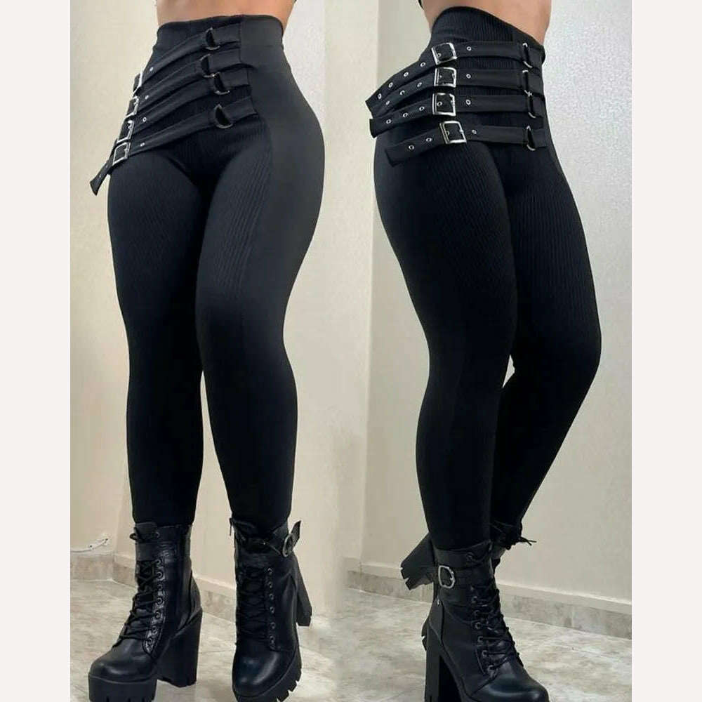 Women High Waist Buckled Belt Skinny Pants Pencil Slim Fashion Casual Sexy Leggings Pants Trousers Y2k - KIMLUD