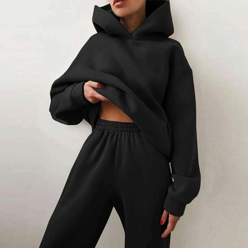 KIMLUD, Women Hooded Tracksuit Sports 2 Pieces Set Streetwear Sweatshirts Pullover Pants Suit Home Sweatpants Trousers Outfits 2023, KIMLUD Womens Clothes