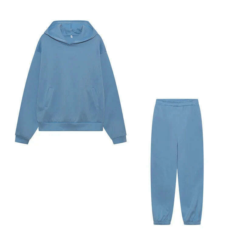 KIMLUD, Women Hooded Tracksuit Sports 2 Pieces Set Streetwear Sweatshirts Pullover Pants Suit Home Sweatpants Trousers Outfits 2023, Blue / L, KIMLUD APPAREL - Womens Clothes