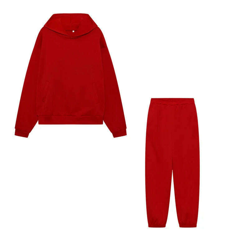 KIMLUD, Women Hooded Tracksuit Sports 2 Pieces Set Streetwear Sweatshirts Pullover Pants Suit Home Sweatpants Trousers Outfits 2023, Red / XXL, KIMLUD APPAREL - Womens Clothes