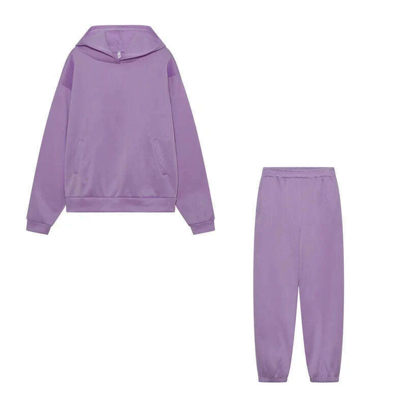 KIMLUD, Women Hooded Tracksuit Sports 2 Pieces Set Streetwear Sweatshirts Pullover Pants Suit Home Sweatpants Trousers Outfits 2023, Purple / XXL, KIMLUD APPAREL - Womens Clothes