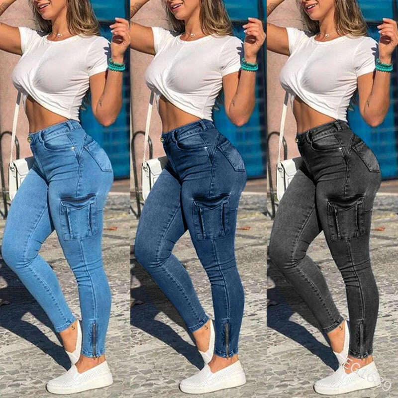 KIMLUD, Women Jeans Sheath Pencil Pants Pockets Cargo Denim Distressed High Waist Washing Slim Fit Zipper Fly Ankle Length Solid, KIMLUD Womens Clothes