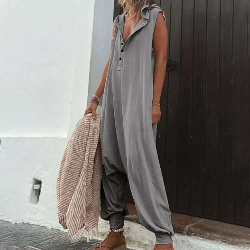 Women Jumpsuit Sleeveless Button Closure Hooded Playsuit Solid Color Loose Summer Jumpsuit Cotton Blend Lady Hooded Jumpsuit - KIMLUD