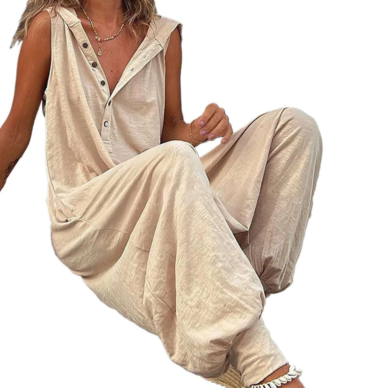 KIMLUD, Women Jumpsuit Sleeveless Button Closure Hooded Playsuit Solid Color Loose Summer Jumpsuit Cotton Blend Lady Hooded Jumpsuit, Beige / 2XL, KIMLUD APPAREL - Womens Clothes