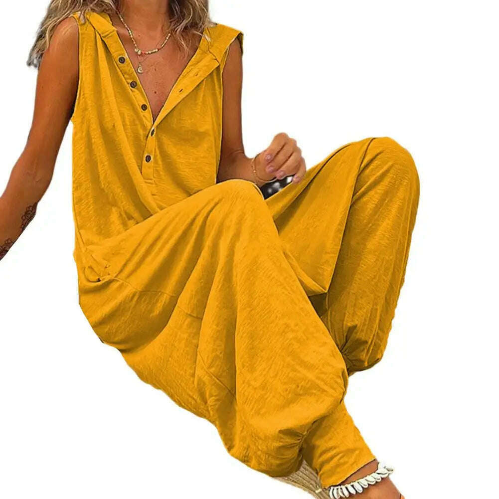 KIMLUD, Women Jumpsuit Sleeveless Button Closure Hooded Playsuit Solid Color Loose Summer Jumpsuit Cotton Blend Lady Hooded Jumpsuit, Yellow / S, KIMLUD APPAREL - Womens Clothes