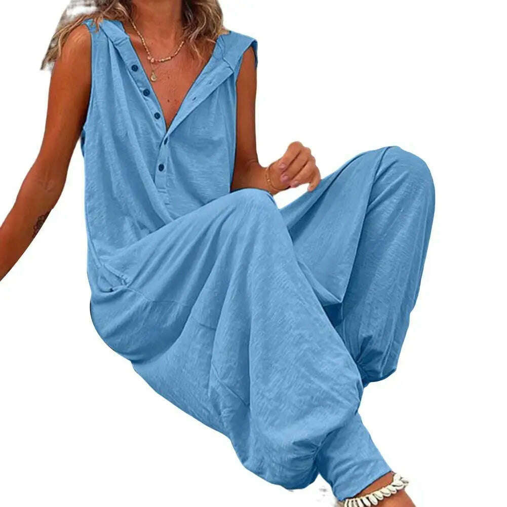 KIMLUD, Women Jumpsuit Sleeveless Button Closure Hooded Playsuit Solid Color Loose Summer Jumpsuit Cotton Blend Lady Hooded Jumpsuit, Blue / M, KIMLUD APPAREL - Womens Clothes