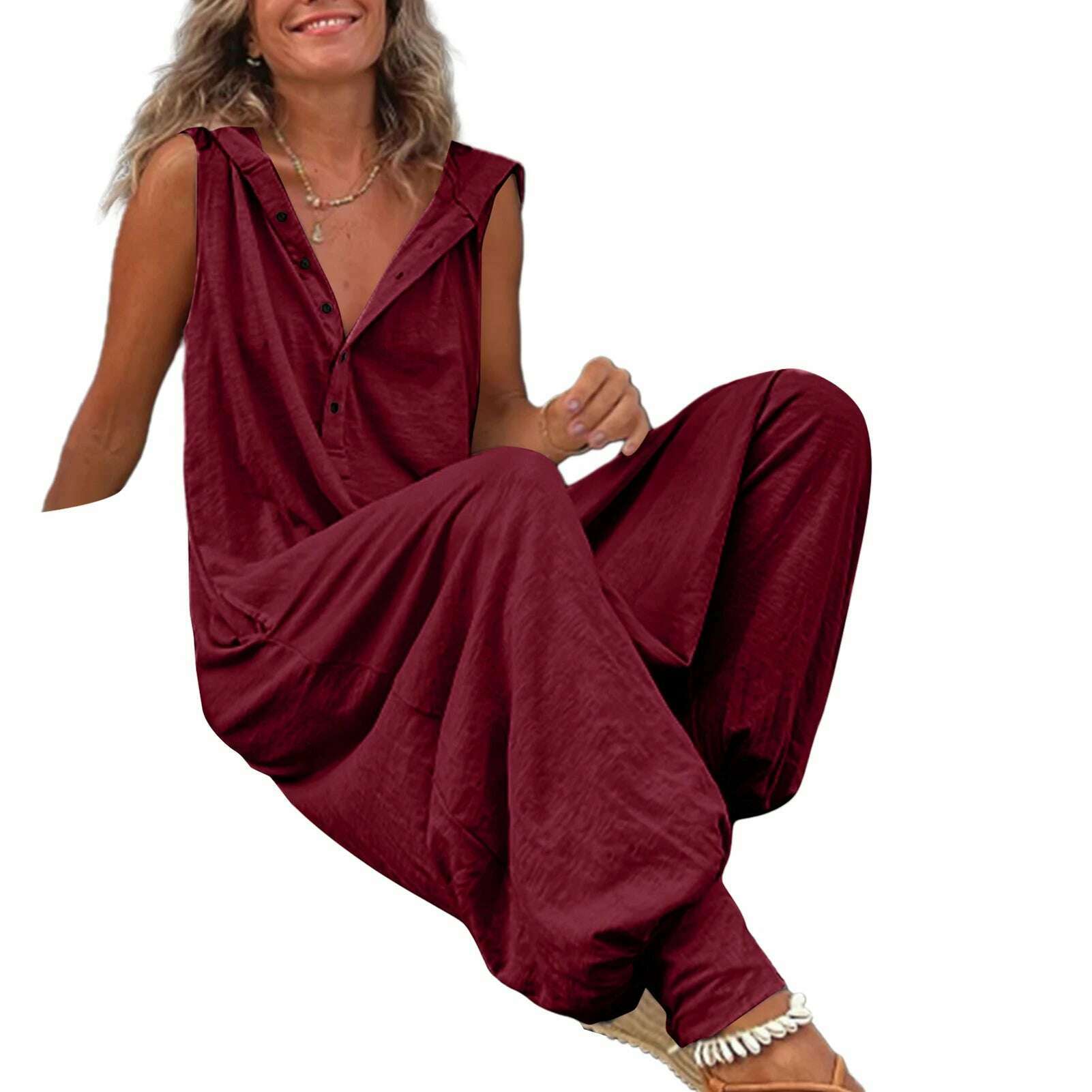 KIMLUD, Women Jumpsuit Sleeveless Button Closure Hooded Playsuit Solid Color Loose Summer Jumpsuit Cotton Blend Lady Hooded Jumpsuit, Wine Red / 2XL, KIMLUD APPAREL - Womens Clothes