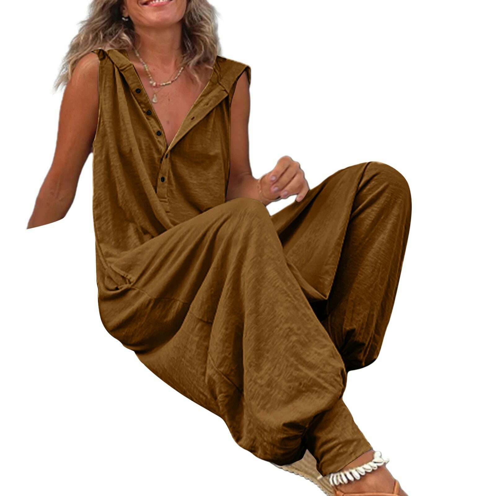 KIMLUD, Women Jumpsuit Sleeveless Button Closure Hooded Playsuit Solid Color Loose Summer Jumpsuit Cotton Blend Lady Hooded Jumpsuit, Coffee / 2XL, KIMLUD APPAREL - Womens Clothes