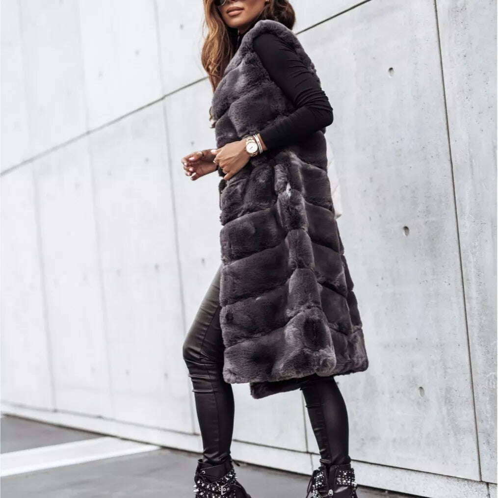 Women Long Faux Fur Autumn Winter Long Round Neck Fur Vests Coat Overcoat Sleeveless High Waist Solid Color - KIMLUD