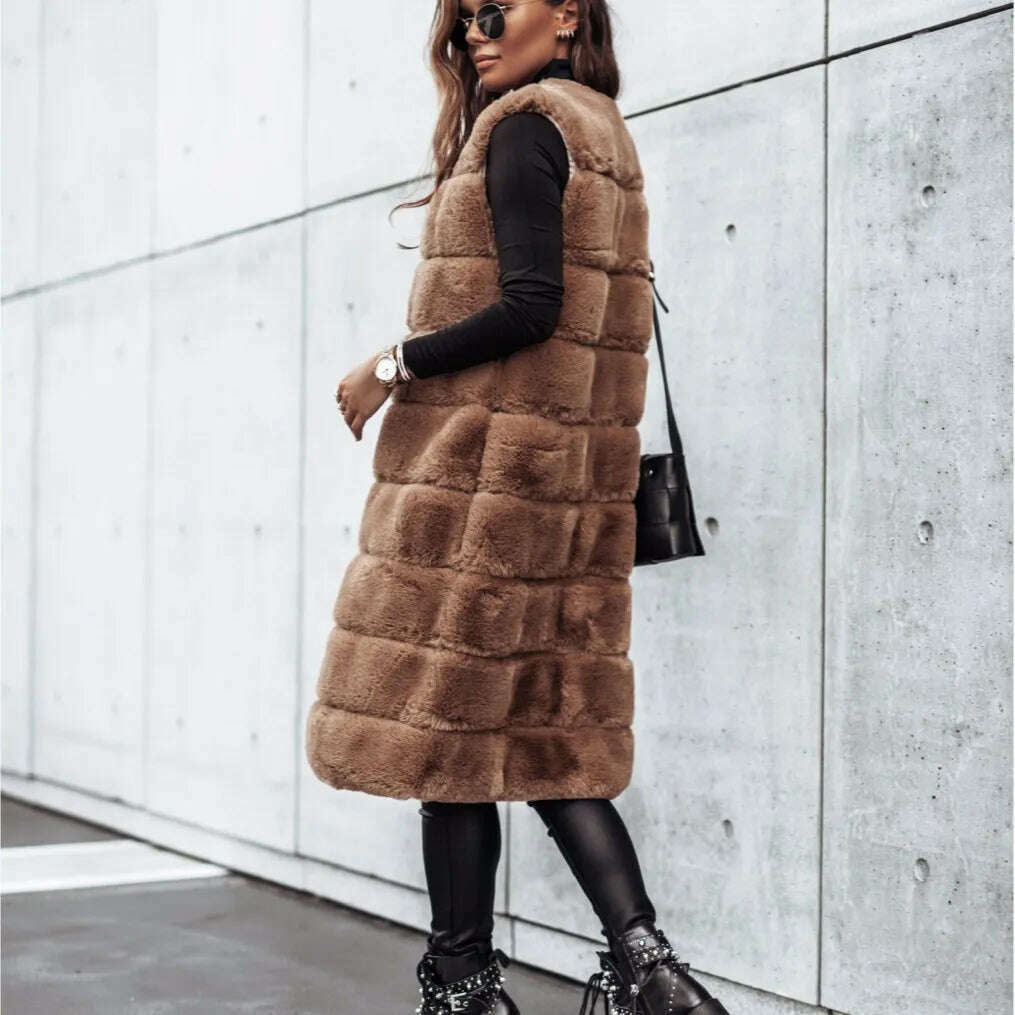 KIMLUD, Women Long Faux Fur Autumn Winter Long Round Neck Fur Vests Coat Overcoat Sleeveless High Waist Solid Color, KIMLUD Womens Clothes