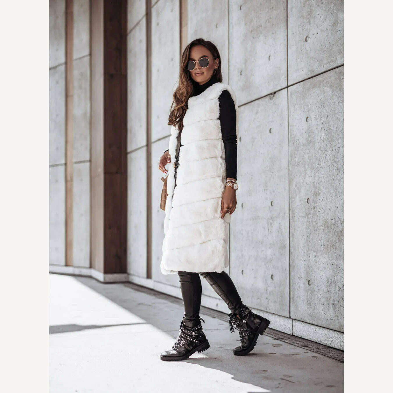 KIMLUD, Women Long Faux Fur Autumn Winter Long Round Neck Fur Vests Coat Overcoat Sleeveless High Waist Solid Color, WHITE / S, KIMLUD APPAREL - Womens Clothes