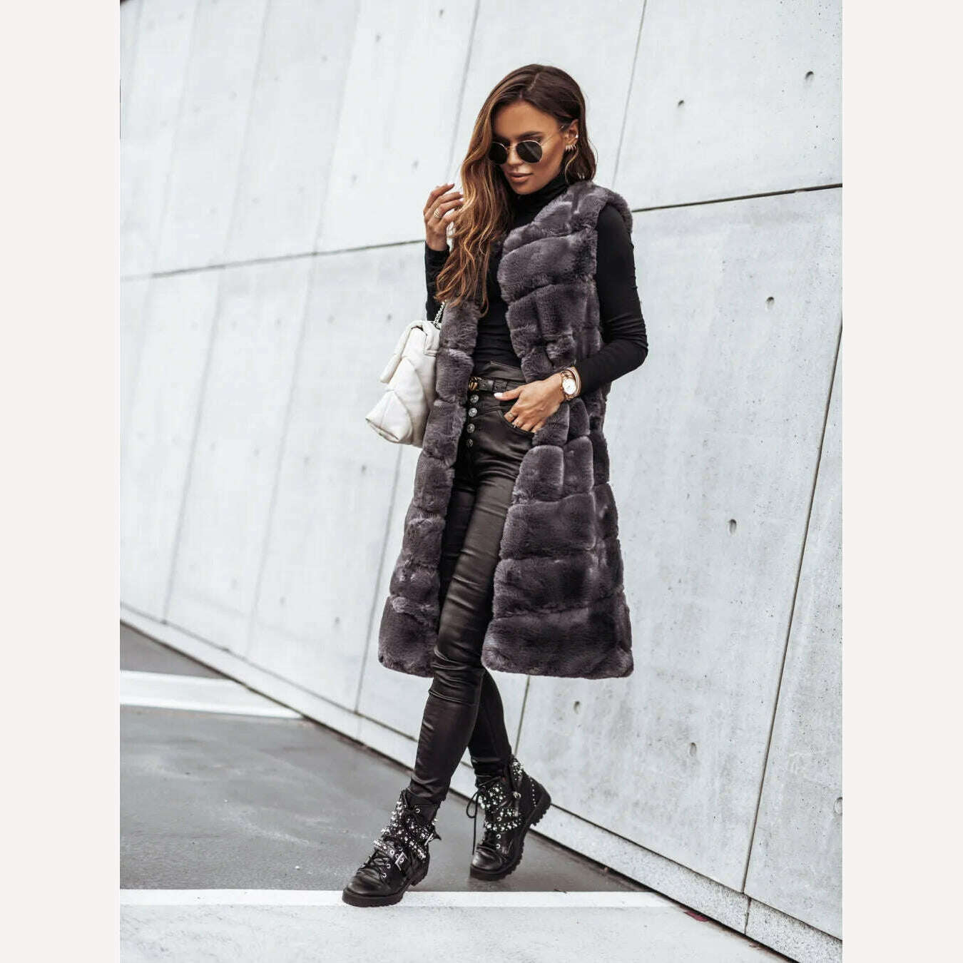 KIMLUD, Women Long Faux Fur Autumn Winter Long Round Neck Fur Vests Coat Overcoat Sleeveless High Waist Solid Color, GRAY / S, KIMLUD APPAREL - Womens Clothes