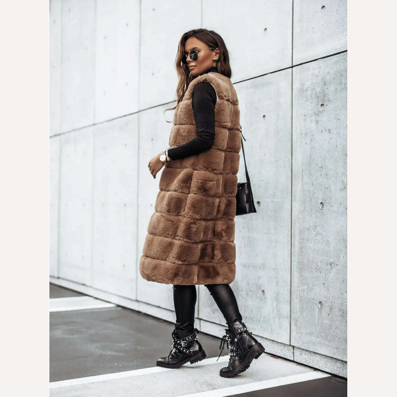 KIMLUD, Women Long Faux Fur Autumn Winter Long Round Neck Fur Vests Coat Overcoat Sleeveless High Waist Solid Color, Khaki / S, KIMLUD APPAREL - Womens Clothes