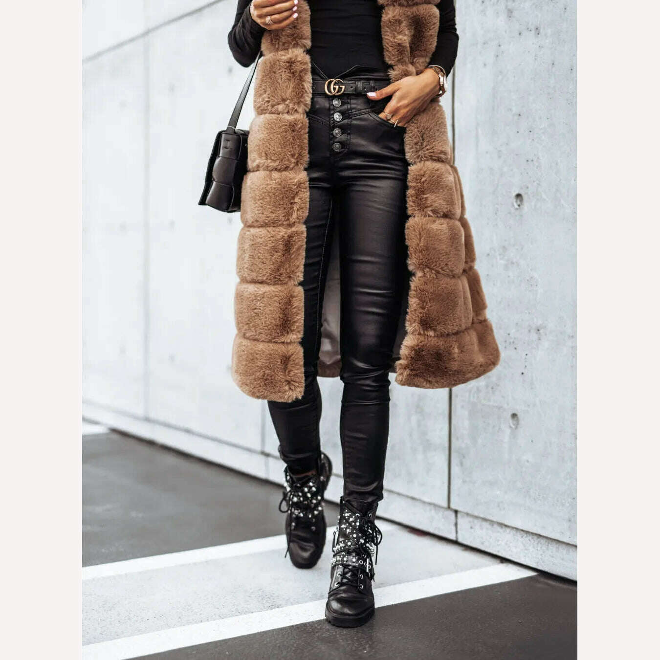 KIMLUD, Women Long Faux Fur Autumn Winter Long Round Neck Fur Vests Coat Overcoat Sleeveless High Waist Solid Color, KIMLUD Womens Clothes