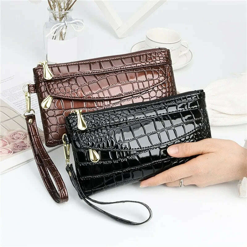 KIMLUD, Women Long Wallets Leather Ladies Double Zipper Wallet Clutch Bag Design Red Purse Bag Crocodile Purses, KIMLUD Womens Clothes