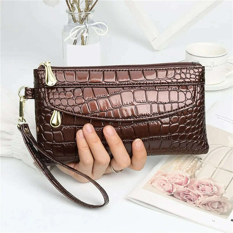 KIMLUD, Women Long Wallets Leather Ladies Double Zipper Wallet Clutch Bag Design Red Purse Bag Crocodile Purses, Coffee, KIMLUD APPAREL - Womens Clothes