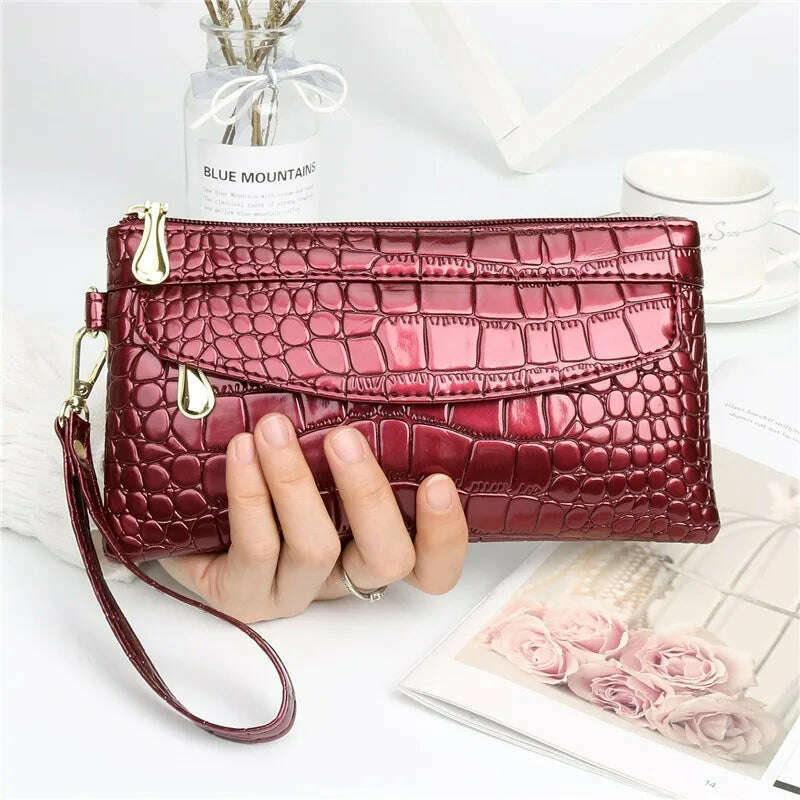 KIMLUD, Women Long Wallets Leather Ladies Double Zipper Wallet Clutch Bag Design Red Purse Bag Crocodile Purses, red, KIMLUD APPAREL - Womens Clothes