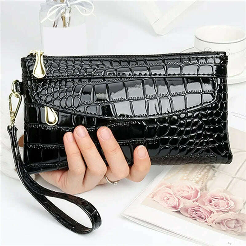 KIMLUD, Women Long Wallets Leather Ladies Double Zipper Wallet Clutch Bag Design Red Purse Bag Crocodile Purses, black, KIMLUD APPAREL - Womens Clothes