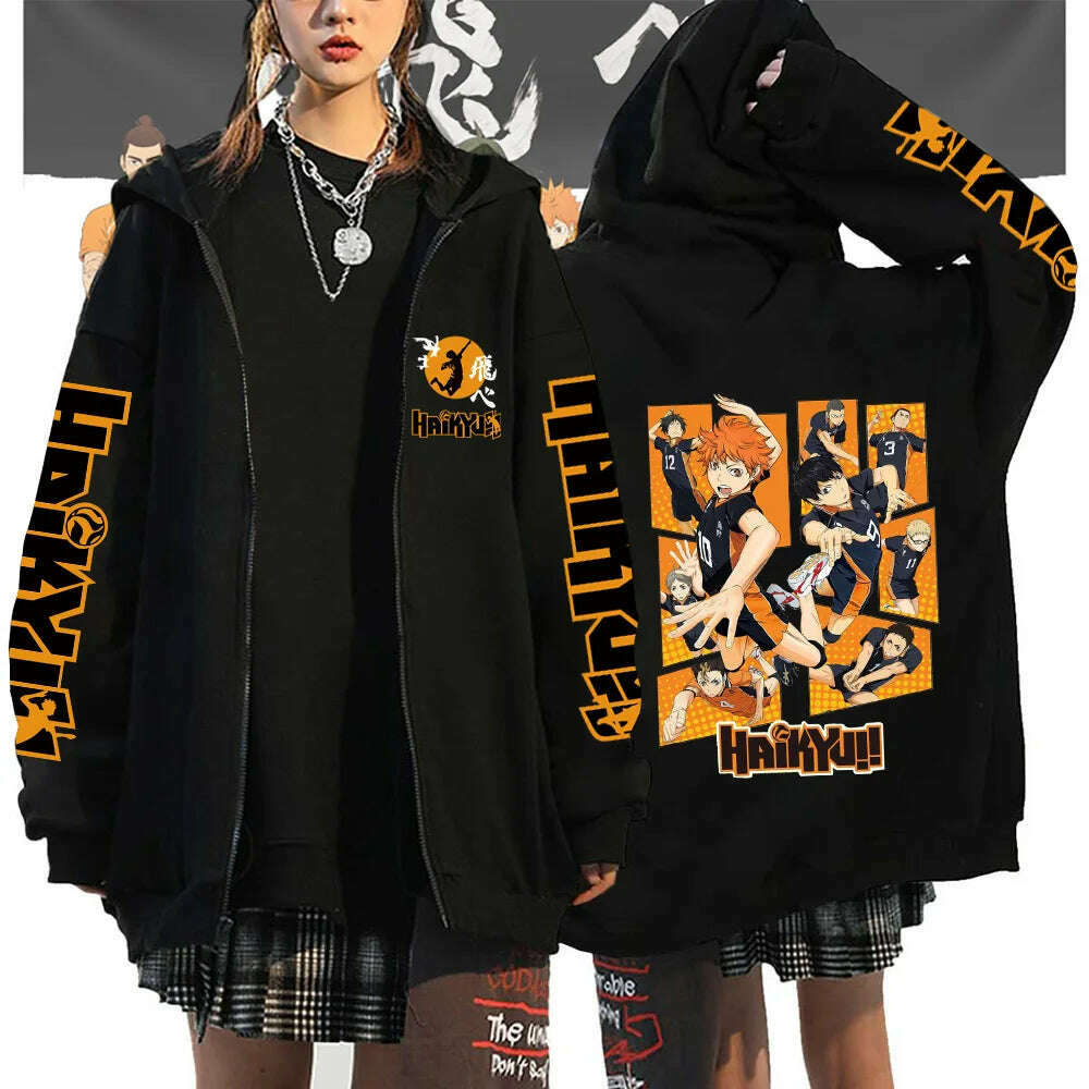 Women Men Anime Hoodie Haikyuu Zip Up Jacket Karasuno High School Plus Size Sweatshirt Harajuku Unisex Autumn Warm Streetwear - KIMLUD