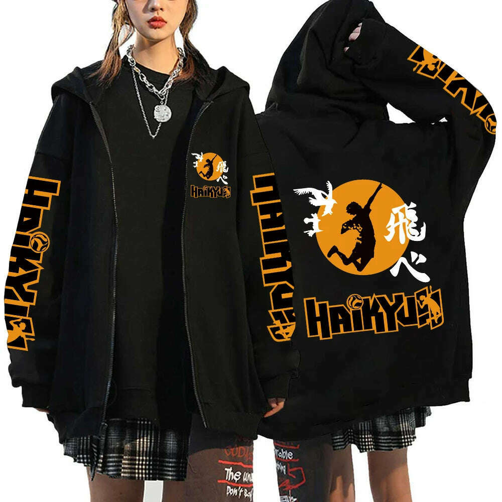 KIMLUD, Women Men Anime Hoodie Haikyuu Zip Up Jacket Karasuno High School Plus Size Sweatshirt Harajuku Unisex Autumn Warm Streetwear, KIMLUD Womens Clothes