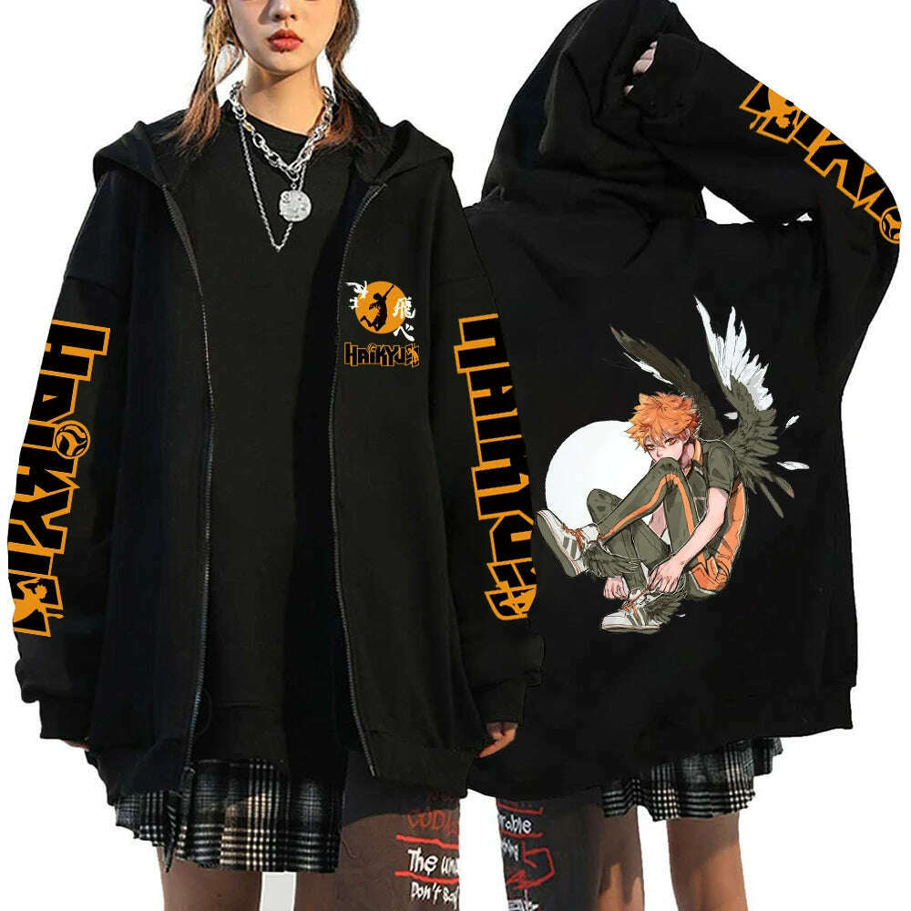 KIMLUD, Women Men Anime Hoodie Haikyuu Zip Up Jacket Karasuno High School Plus Size Sweatshirt Harajuku Unisex Autumn Warm Streetwear, KIMLUD Womens Clothes