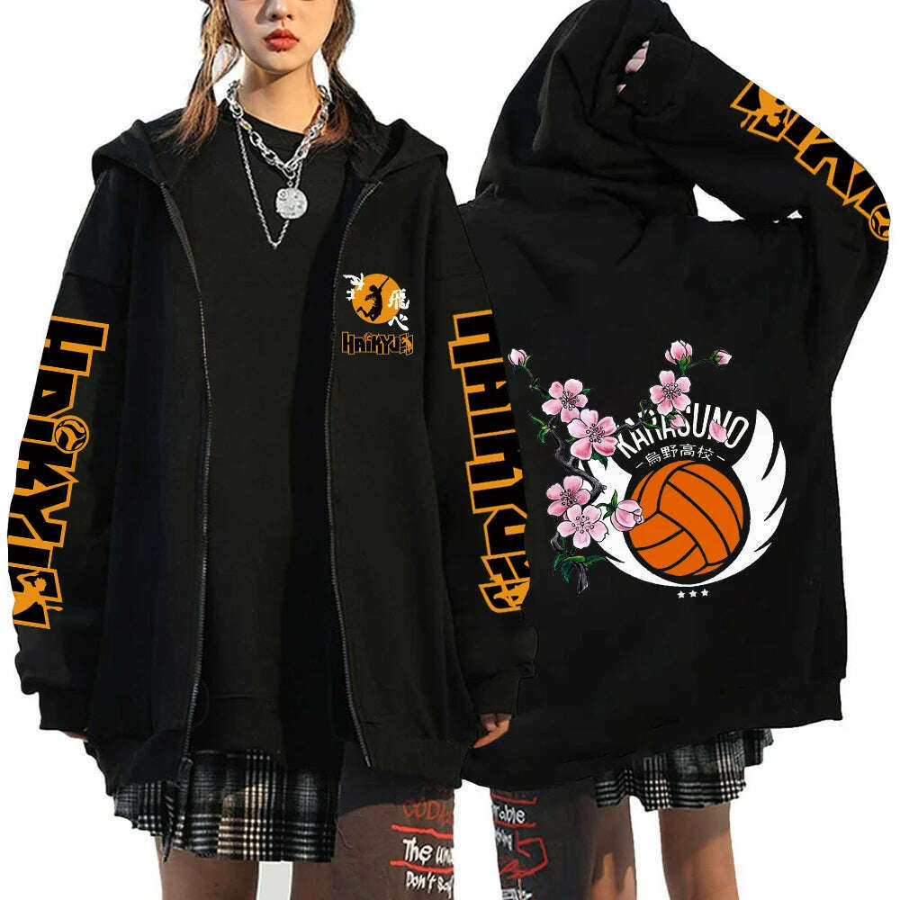 KIMLUD, Women Men Anime Hoodie Haikyuu Zip Up Jacket Karasuno High School Plus Size Sweatshirt Harajuku Unisex Autumn Warm Streetwear, KIMLUD Womens Clothes