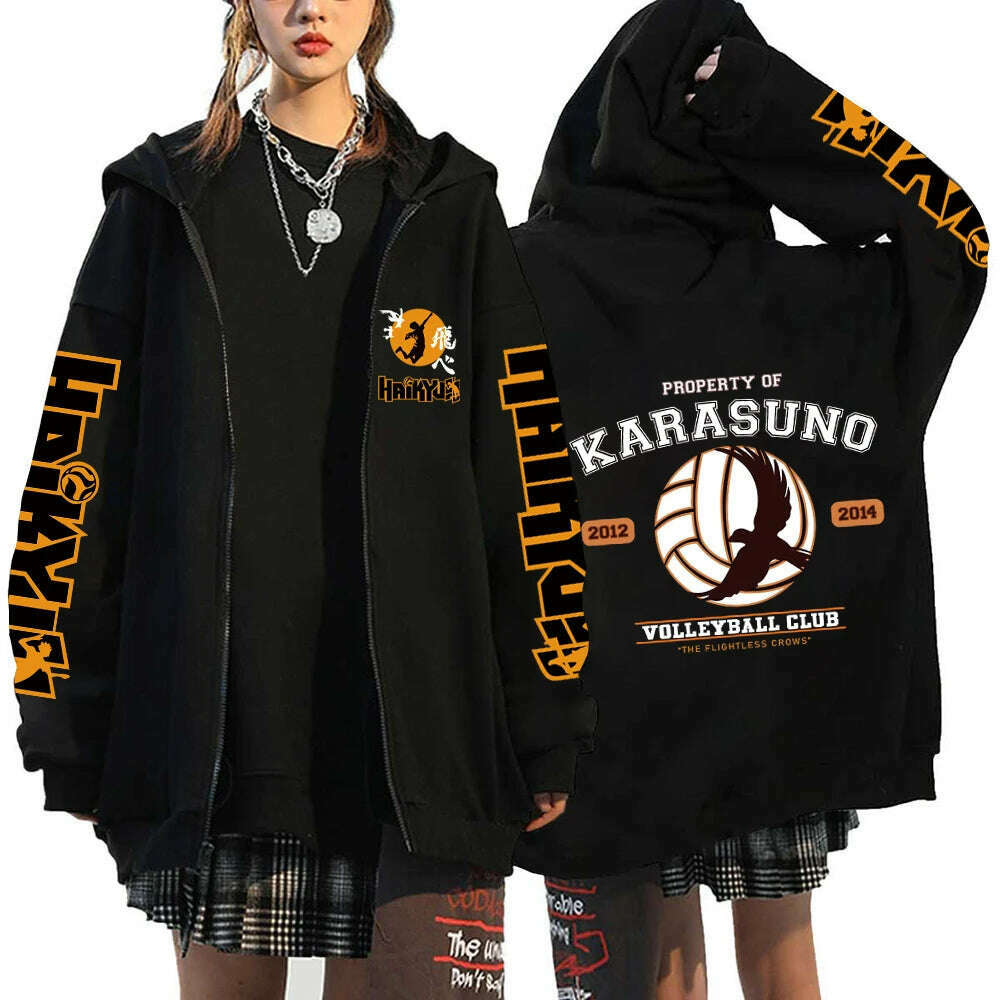 KIMLUD, Women Men Anime Hoodie Haikyuu Zip Up Jacket Karasuno High School Plus Size Sweatshirt Harajuku Unisex Autumn Warm Streetwear, KIMLUD Womens Clothes