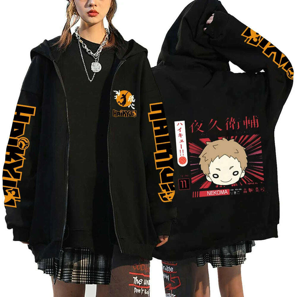 KIMLUD, Women Men Anime Hoodie Haikyuu Zip Up Jacket Karasuno High School Plus Size Sweatshirt Harajuku Unisex Autumn Warm Streetwear, Black23 / 4XL, KIMLUD APPAREL - Womens Clothes