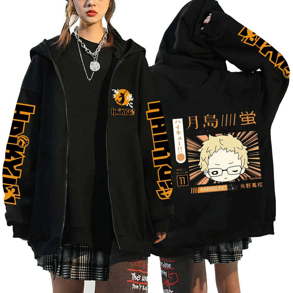 KIMLUD, Women Men Anime Hoodie Haikyuu Zip Up Jacket Karasuno High School Plus Size Sweatshirt Harajuku Unisex Autumn Warm Streetwear, KIMLUD Womens Clothes