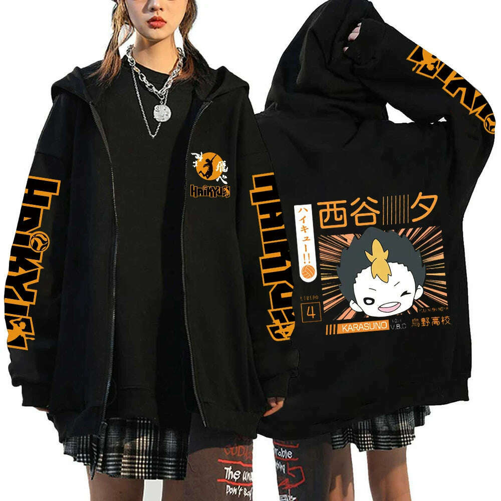 KIMLUD, Women Men Anime Hoodie Haikyuu Zip Up Jacket Karasuno High School Plus Size Sweatshirt Harajuku Unisex Autumn Warm Streetwear, KIMLUD Womens Clothes