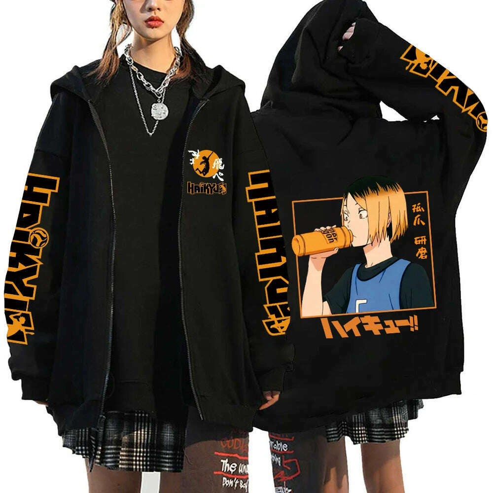 KIMLUD, Women Men Anime Hoodie Haikyuu Zip Up Jacket Karasuno High School Plus Size Sweatshirt Harajuku Unisex Autumn Warm Streetwear, Black11 / L, KIMLUD APPAREL - Womens Clothes