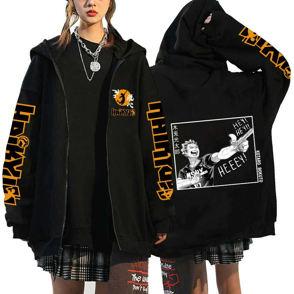 KIMLUD, Women Men Anime Hoodie Haikyuu Zip Up Jacket Karasuno High School Plus Size Sweatshirt Harajuku Unisex Autumn Warm Streetwear, Black13 / L, KIMLUD APPAREL - Womens Clothes