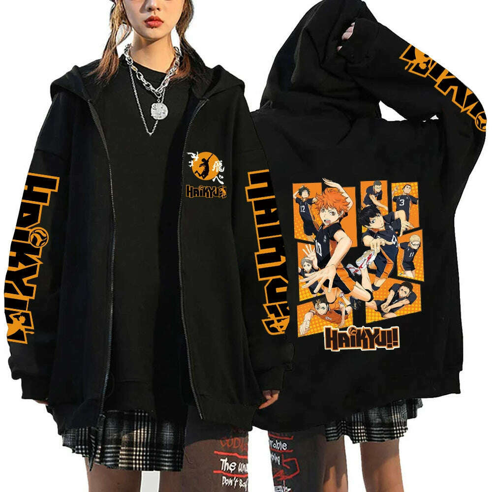 KIMLUD, Women Men Anime Hoodie Haikyuu Zip Up Jacket Karasuno High School Plus Size Sweatshirt Harajuku Unisex Autumn Warm Streetwear, Black1 / XXL, KIMLUD APPAREL - Womens Clothes