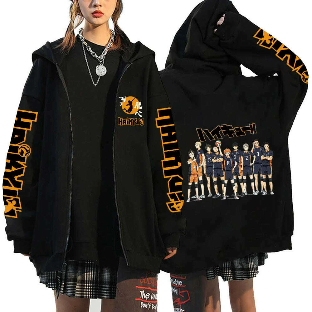 KIMLUD, Women Men Anime Hoodie Haikyuu Zip Up Jacket Karasuno High School Plus Size Sweatshirt Harajuku Unisex Autumn Warm Streetwear, Black3 / L, KIMLUD APPAREL - Womens Clothes