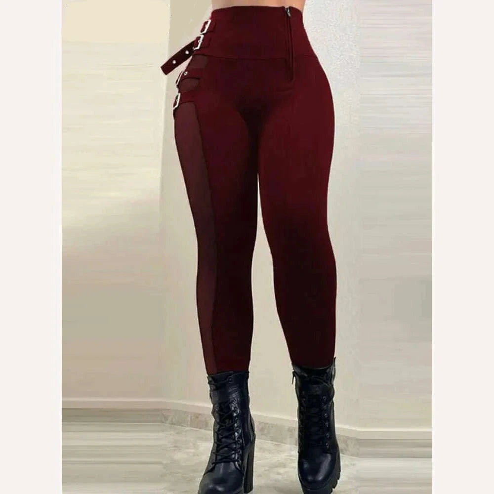 KIMLUD, Women Mesh Patchwork Buckled High Waist Long Pants, Claret / S, KIMLUD APPAREL - Womens Clothes