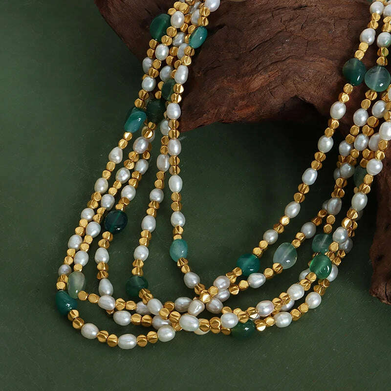 Women Natural Freshwater Pearl Necklace Green Natural Stone Jewelry Accessories Gold Plated Beaded Chain Girl Gift Sale - KIMLUD