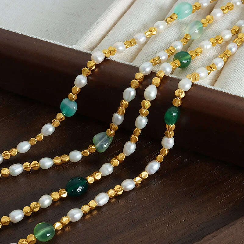 KIMLUD, Women Natural Freshwater Pearl Necklace Green Natural Stone Jewelry Accessories Gold Plated Beaded Chain Girl Gift Sale, KIMLUD Womens Clothes