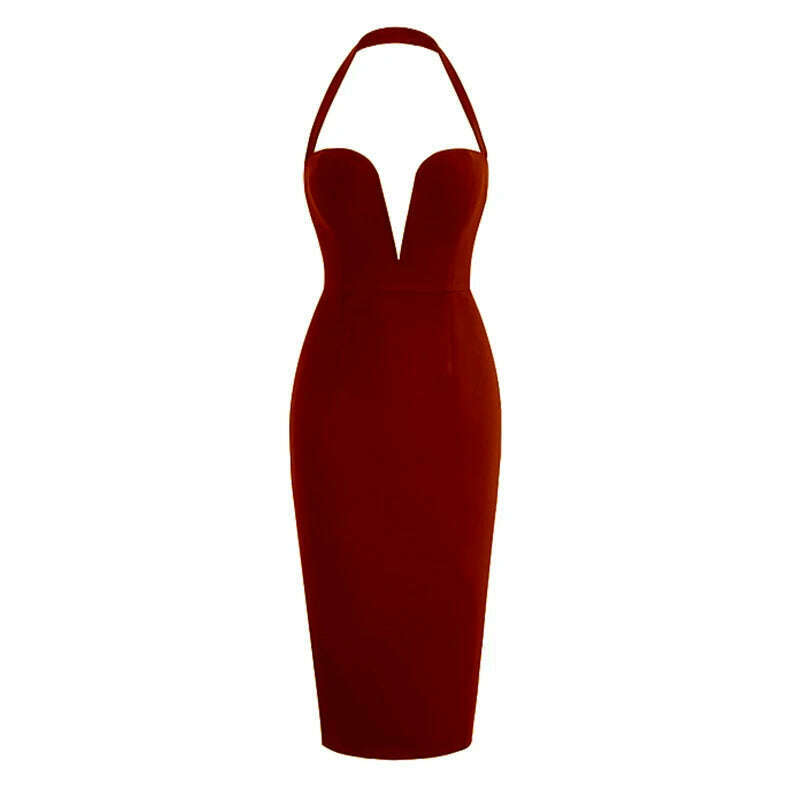 KIMLUD, Women New Summer Backless Halter Midi Bandage Dress Sleeveless Black Deep V Neck Bodycon Sexy Elegant Evening Nightclub Party Dr, Claret / S, KIMLUD APPAREL - Womens Clothes