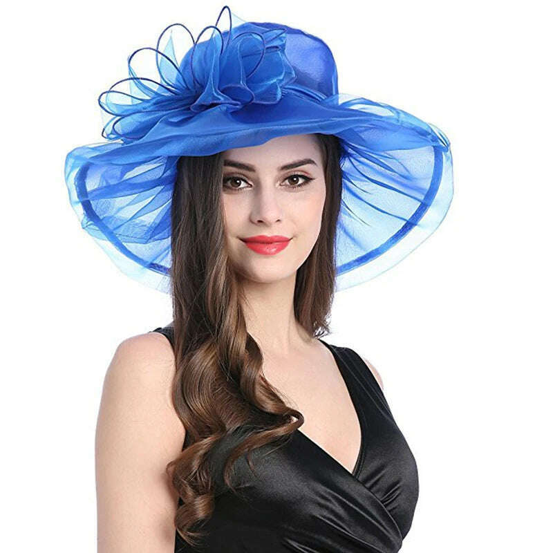 KIMLUD, Women Organza Wide Brim Summer Sun Hat Elegant Floral Adorn Ladies Church Kentucky Derby Fascinator Tea Party Wedding Hat, KIMLUD Womens Clothes