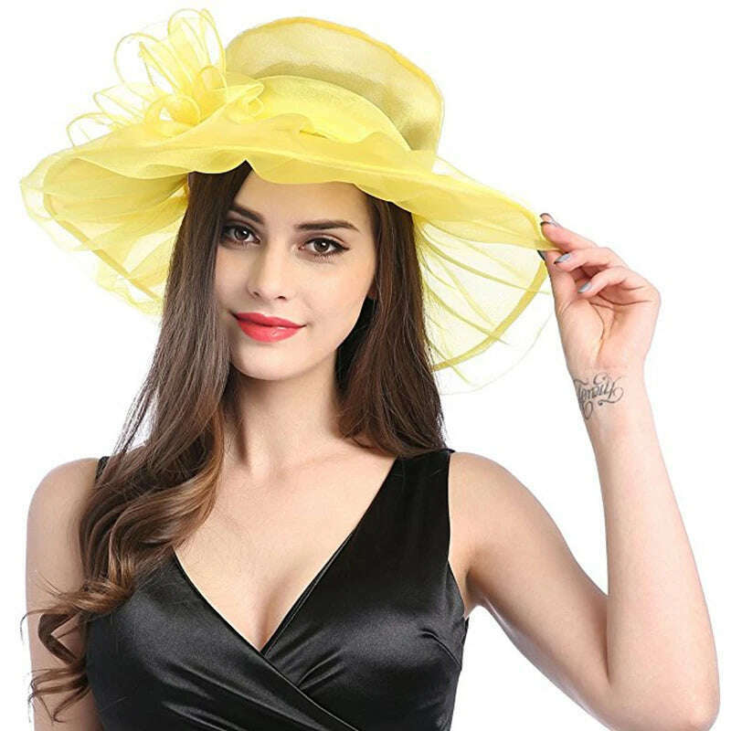 KIMLUD, Women Organza Wide Brim Summer Sun Hat Elegant Floral Adorn Ladies Church Kentucky Derby Fascinator Tea Party Wedding Hat, KIMLUD Womens Clothes