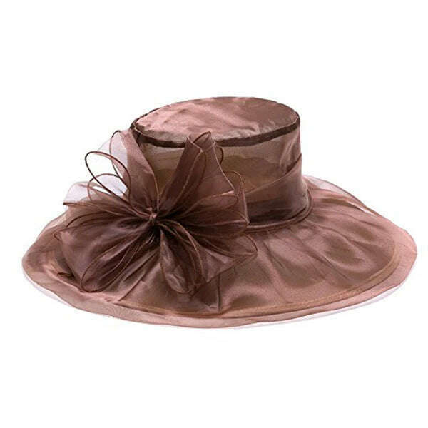 KIMLUD, Women Organza Wide Brim Summer Sun Hat Elegant Floral Adorn Ladies Church Kentucky Derby Fascinator Tea Party Wedding Hat, Brown, KIMLUD APPAREL - Womens Clothes