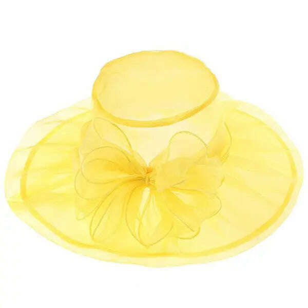 KIMLUD, Women Organza Wide Brim Summer Sun Hat Elegant Floral Adorn Ladies Church Kentucky Derby Fascinator Tea Party Wedding Hat, Yellow, KIMLUD APPAREL - Womens Clothes