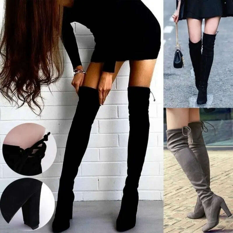 KIMLUD, Women Over The Knee Boots Suede Sexy High Heels Lace Up Long Boots Autumn Winter Warm Female Shoes Slim Thigh High Boots Party, KIMLUD Womens Clothes