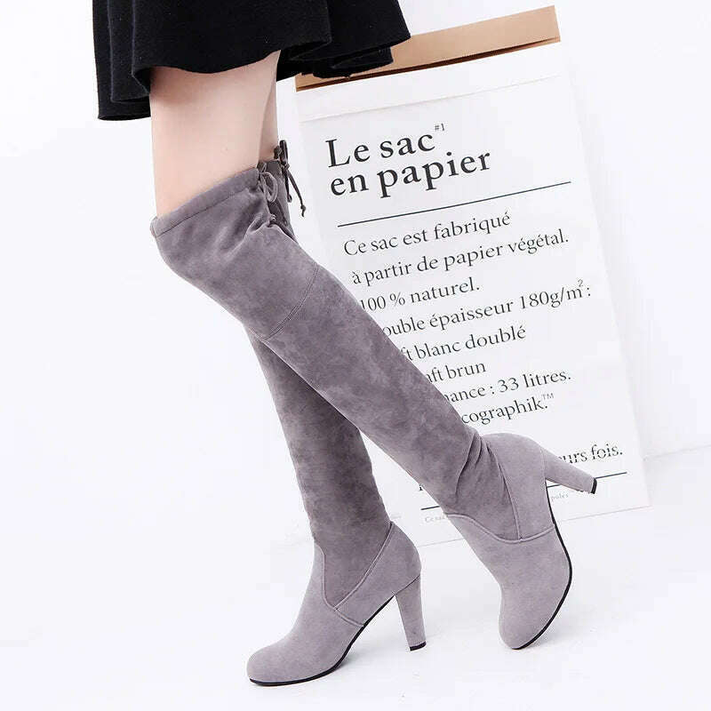 KIMLUD, Women Over The Knee Boots Suede Sexy High Heels Lace Up Long Boots Autumn Winter Warm Female Shoes Slim Thigh High Boots Party, KIMLUD Womens Clothes