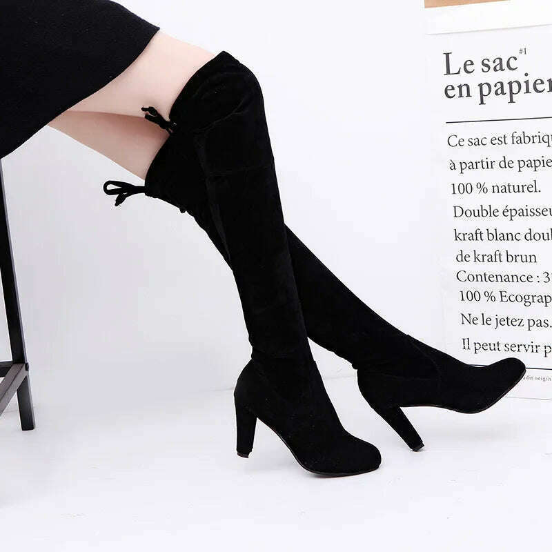 KIMLUD, Women Over The Knee Boots Suede Sexy High Heels Lace Up Long Boots Autumn Winter Warm Female Shoes Slim Thigh High Boots Party, KIMLUD Womens Clothes