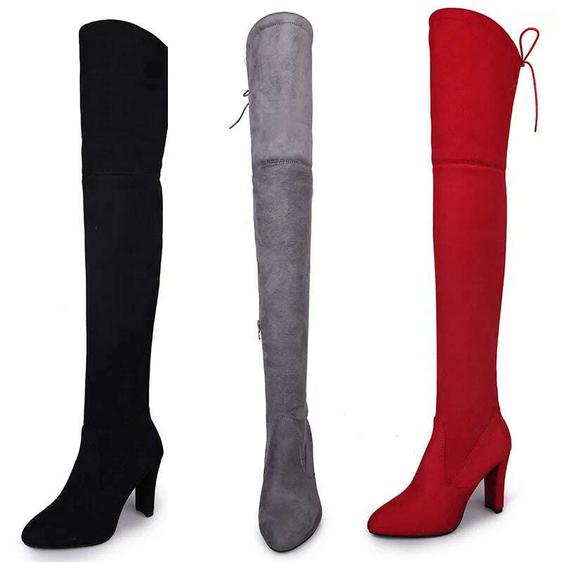 KIMLUD, Women Over The Knee Boots Suede Sexy High Heels Lace Up Long Boots Autumn Winter Warm Female Shoes Slim Thigh High Boots Party, KIMLUD Womens Clothes