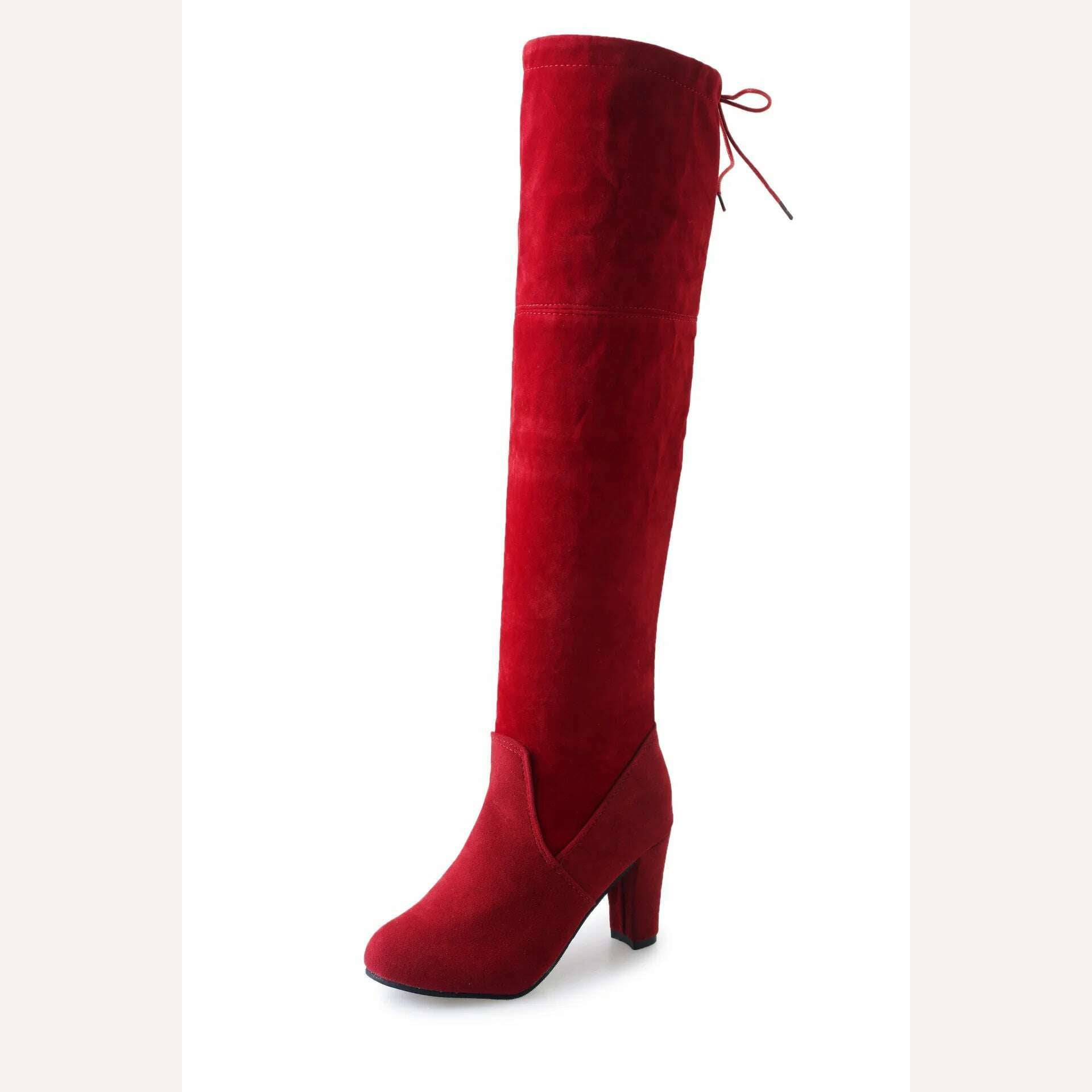 KIMLUD, Women Over The Knee Boots Suede Sexy High Heels Lace Up Long Boots Autumn Winter Warm Female Shoes Slim Thigh High Boots Party, red Botas / 35, KIMLUD APPAREL - Womens Clothes