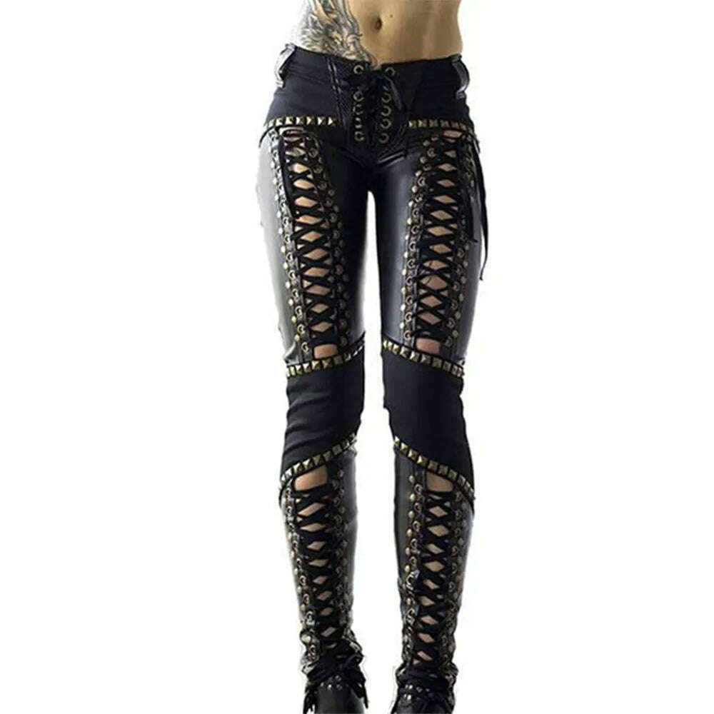 Women Pants Punk Rock Imitation Leather Pencil Pants - KIMLUD